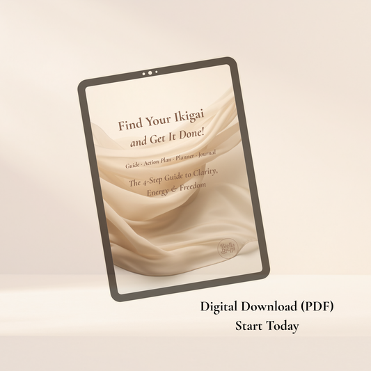 Find Your Ikigai and Get It Done – minimalist digital planner and journal shown on tablet mockup in soft neutral tones.